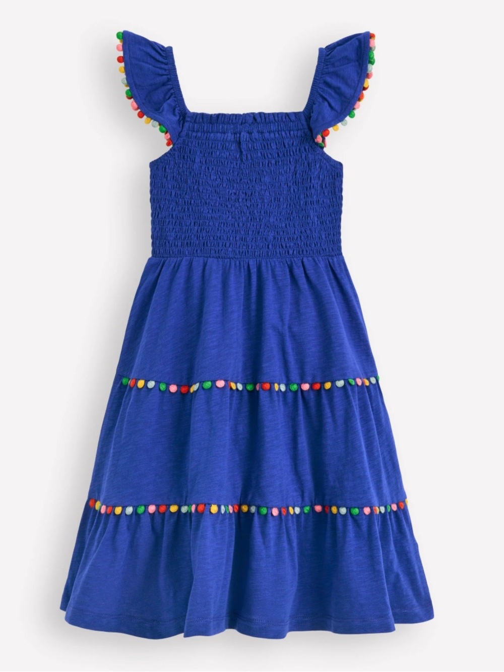 Mini Boden Girls Blue Pom Detail Casual Tiered Dress Size 11-12Y